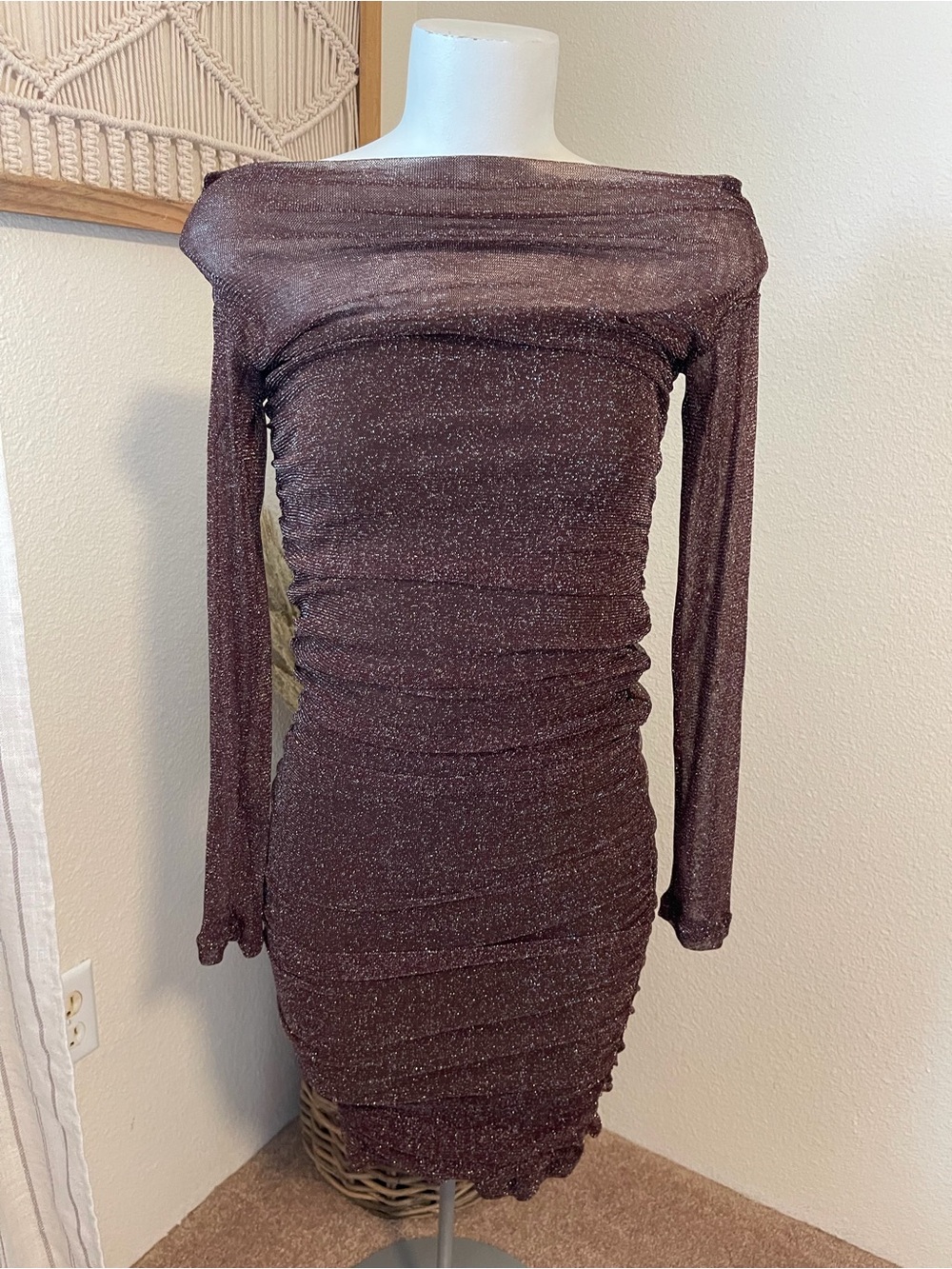 Long-Sleeve Shimmer Ruched Brown Dress